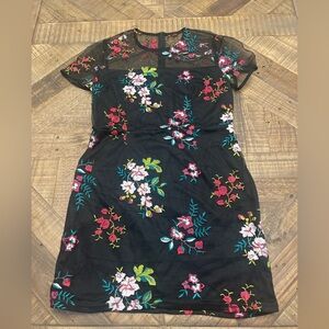 SHEIN Black Floral Embroidered Mesh Yoke Mini Dress